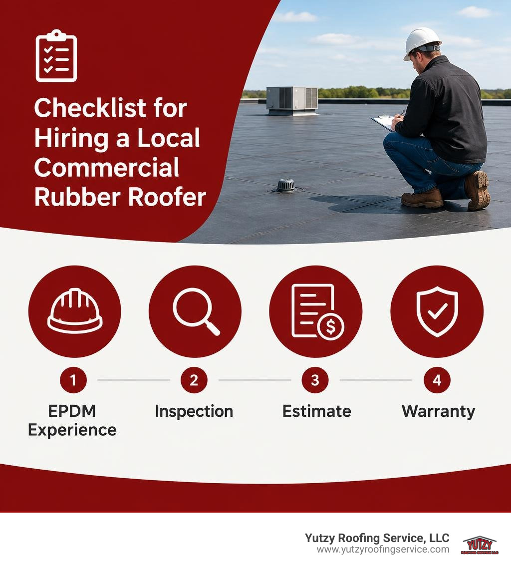 Checklist for hiring a local commercial rubber roofer: EPDM experience, inspection, estimate, warranty infographic Checklist for hiring a local commercial rubber roofer: EPDM experience, inspection, estimate, warranty infographic