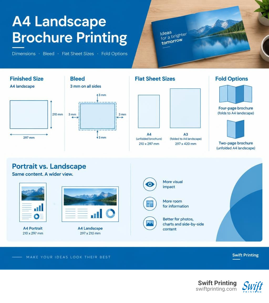 A4 landscape brochure dimensions, bleed, flat sheet sizes, and fold options infographic A4 landscape brochure dimensions, bleed, flat sheet sizes, and fold options infographic