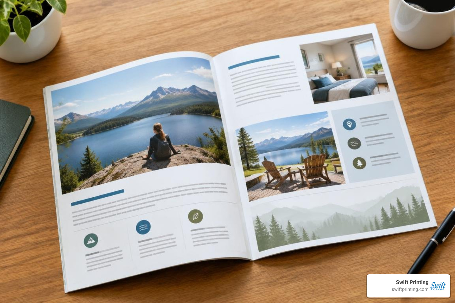 A4 landscape brochure open on a wooden desk A4 landscape brochure open on a wooden desk