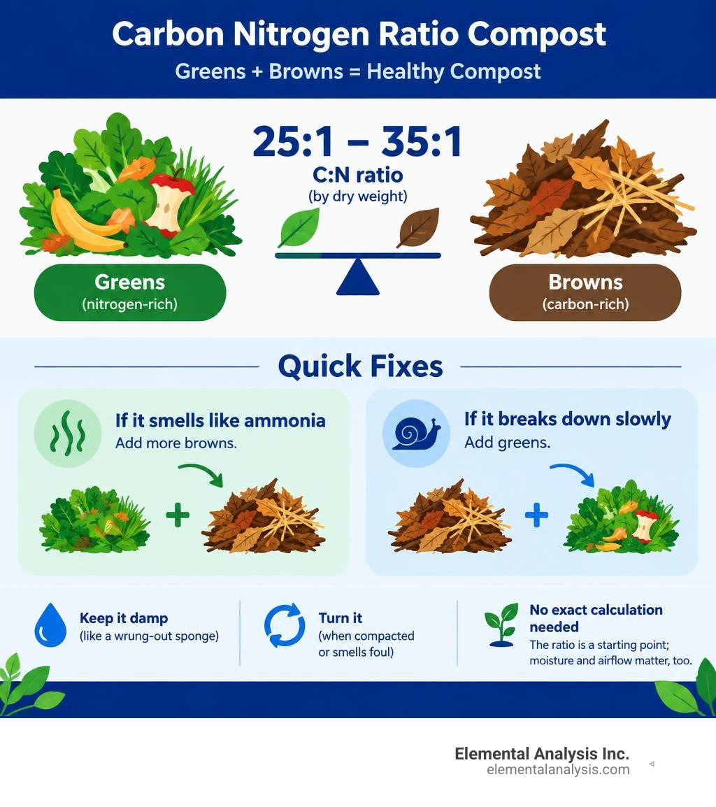 Infographic showing greens and browns balanced at 25:1 to 35:1, with fixes for odor and slow decay infographic Infographic showing greens and browns balanced at 25:1 to 35:1, with fixes for odor and slow decay infographic