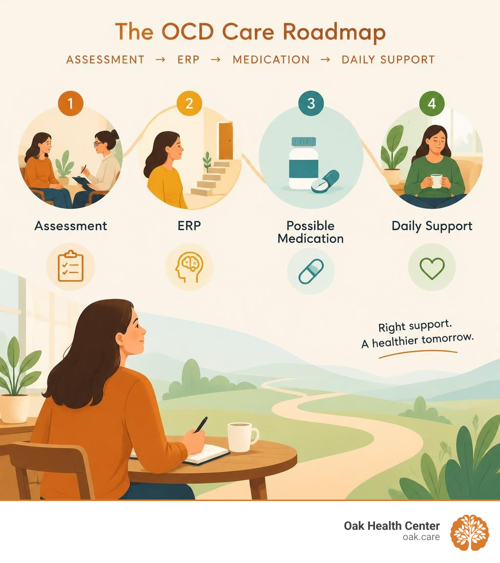 OCD care roadmap showing assessment, ERP, possible medication, and daily support infographic