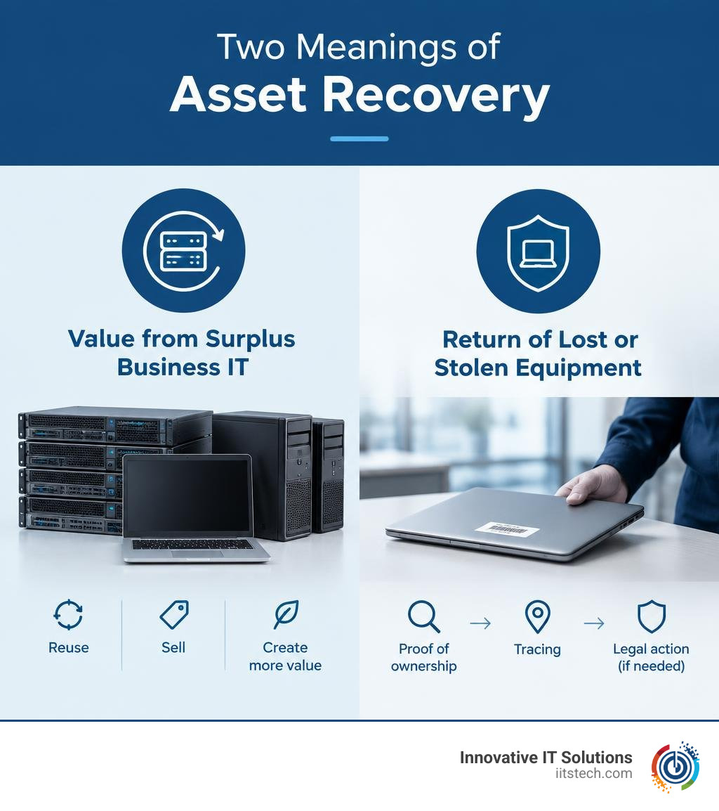 Two meanings of asset recovery: value from surplus business IT and return of lost or stolen equipment infographic