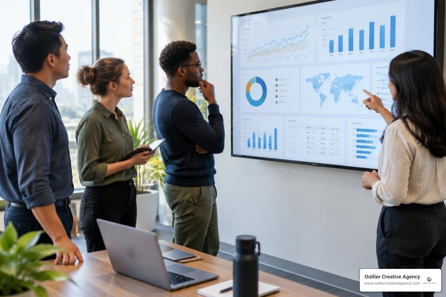 Corporate marketing team analyzing cross-channel performance reports
