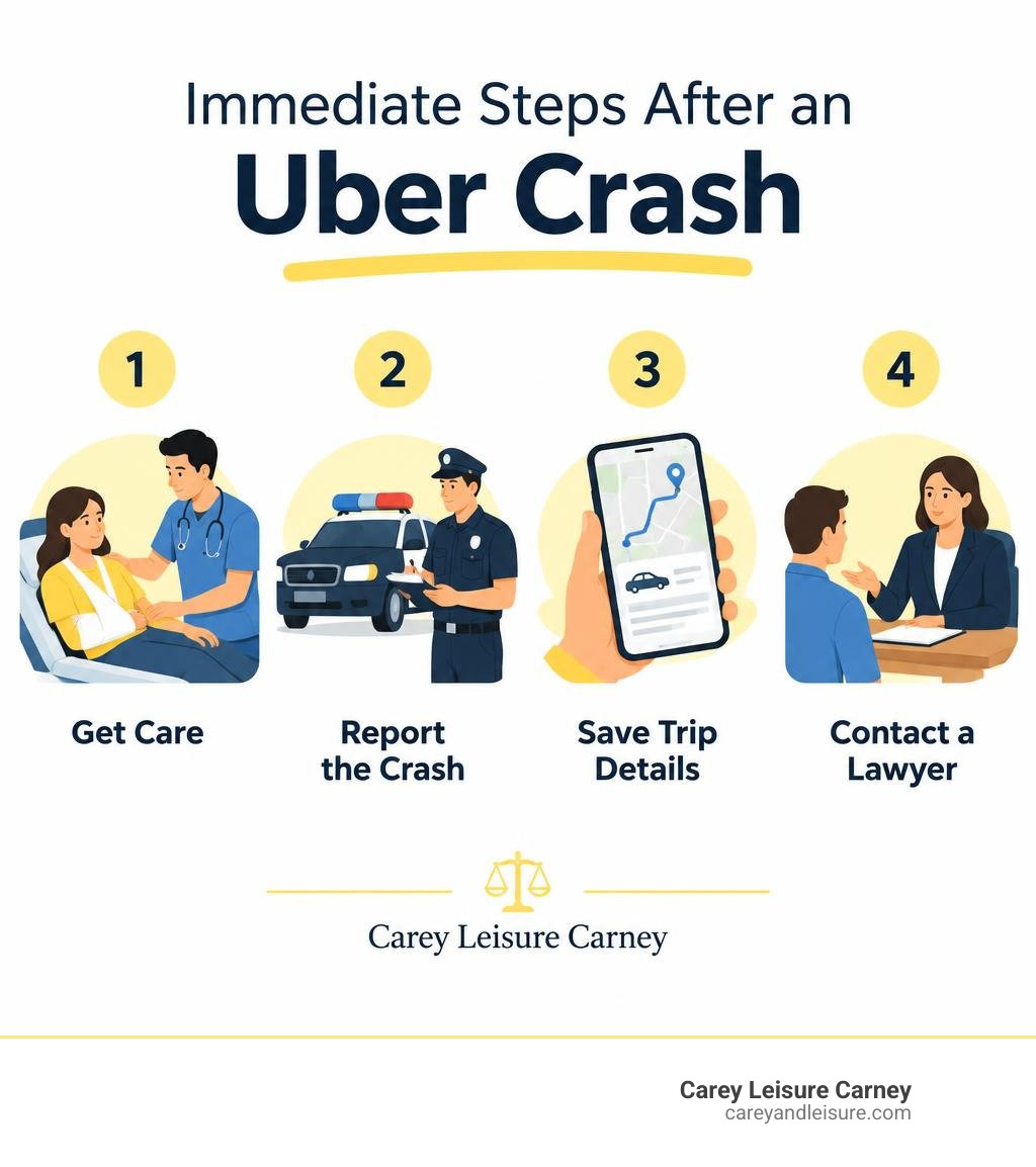 Immediate steps after an Uber crash: get care, report the crash, save trip details, and contact a lawyer infographic
