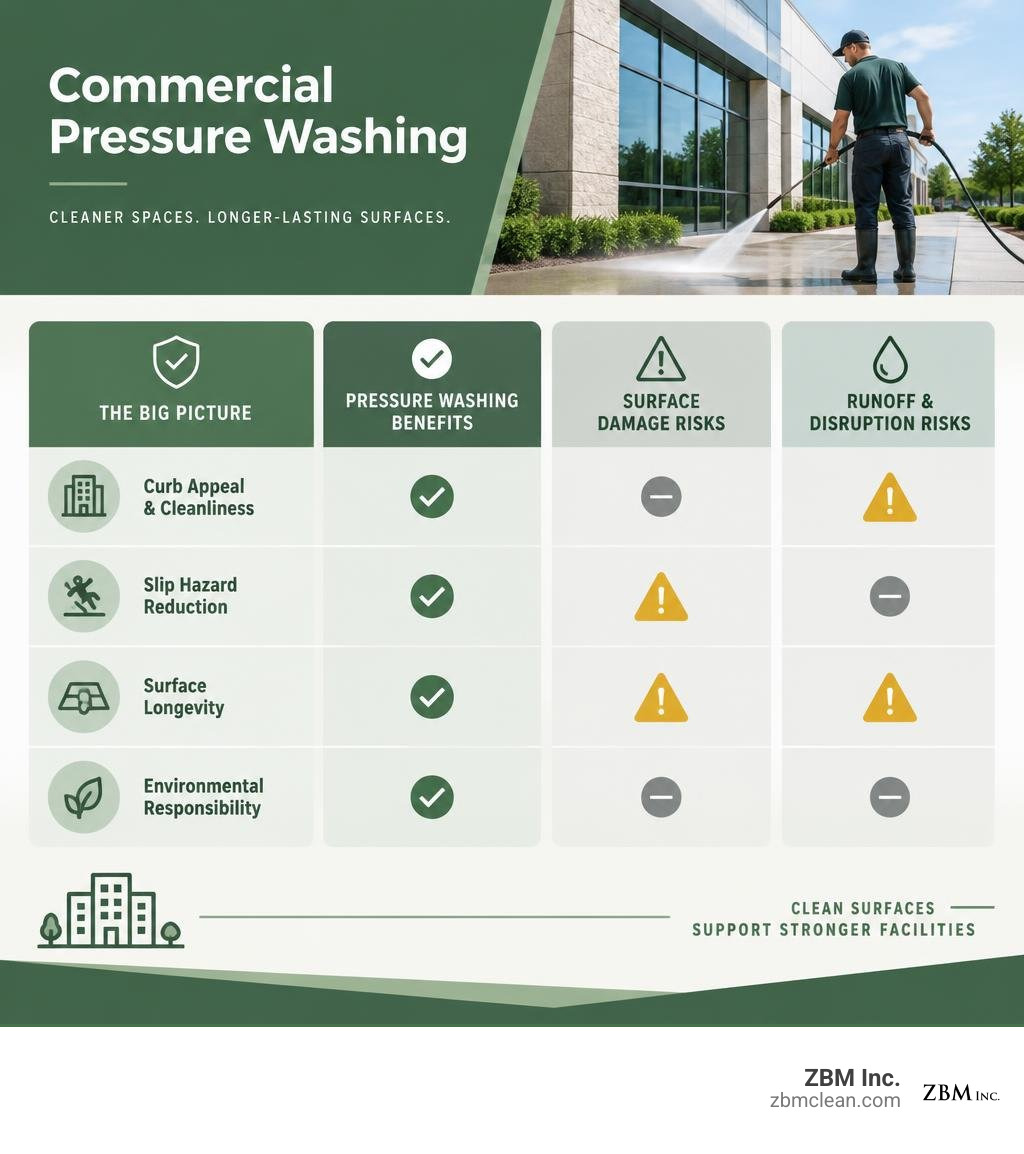 Checklist comparing pressure washing benefits with surface damage, runoff, and disruption risks infographic Checklist comparing pressure washing benefits with surface damage, runoff, and disruption risks infographic