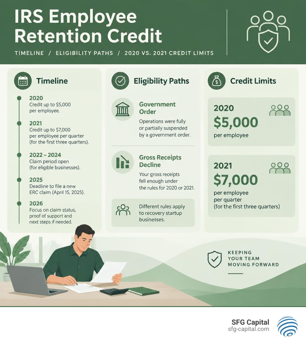 ERC timeline, eligibility paths, and 2020 versus 2021 credit limits infographic ERC timeline, eligibility paths, and 2020 versus 2021 credit limits infographic