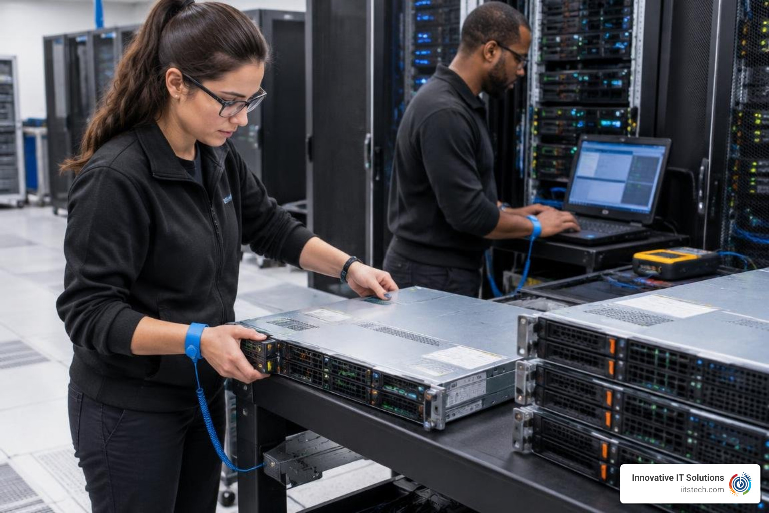 technicians evaluating and testing retired enterprise rack servers