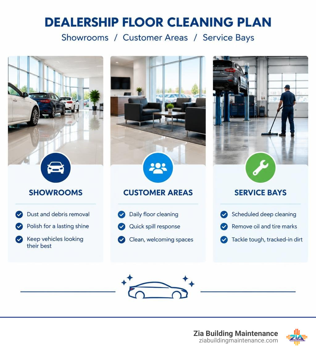 Dealership floor cleaning plan for showrooms, customer areas, and service bays infographic