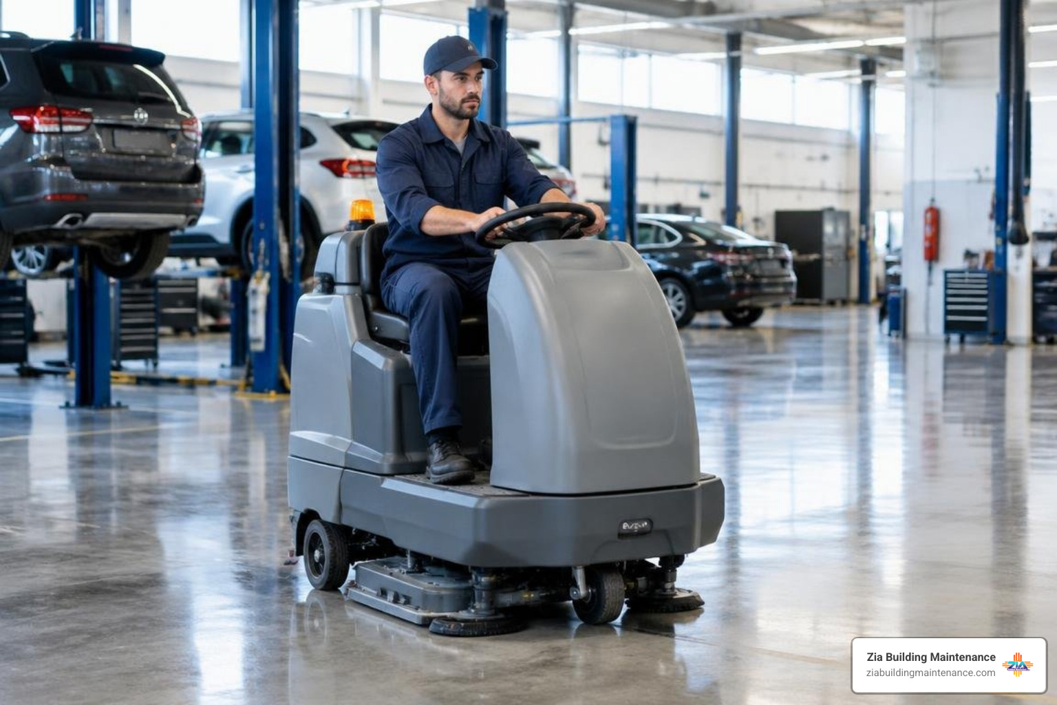 Commercial floor cleaning equipment operating in an automotive facility