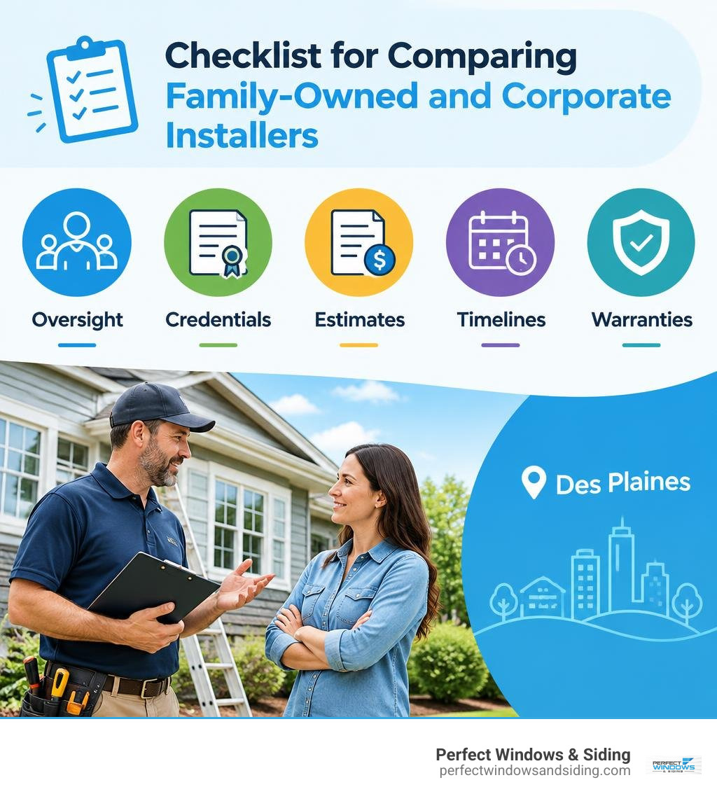Checklist for comparing family-owned and corporate installers: oversight, credentials, estimates, timelines, warranties Checklist for comparing family-owned and corporate installers: oversight, credentials, estimates, timelines, warranties