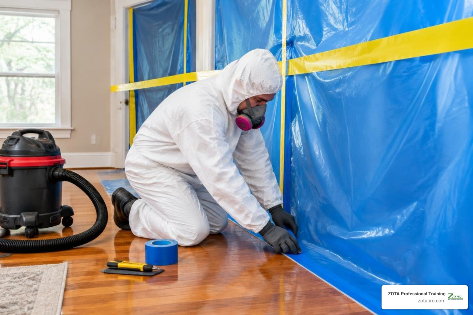 Certified technician setting up plastic containment barriers for dust control