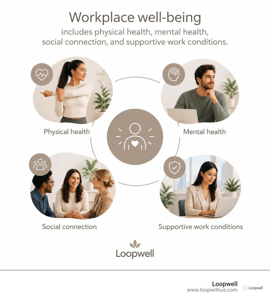 Workplace well-being includes physical health, mental health, social connection, and supportive work conditions infographic