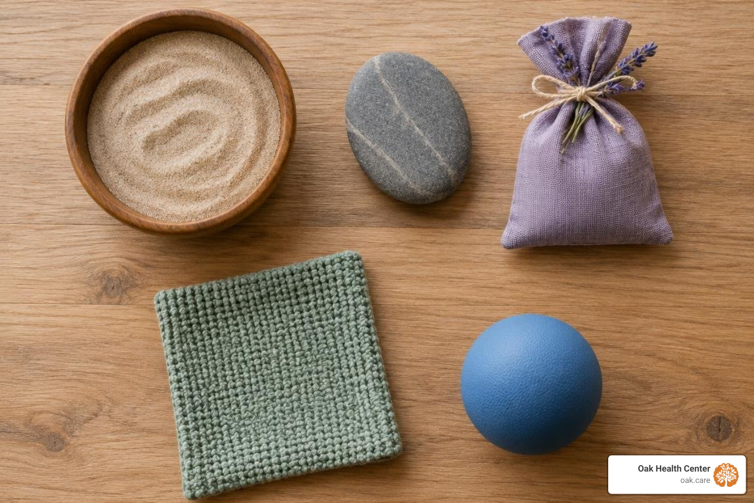 Sensory grounding tools arranged on a desk