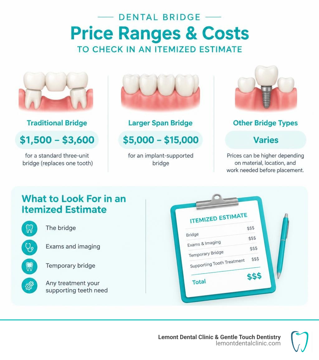 Dental bridge price ranges and costs to check in an itemized estimate infographic Dental bridge price ranges and costs to check in an itemized estimate infographic