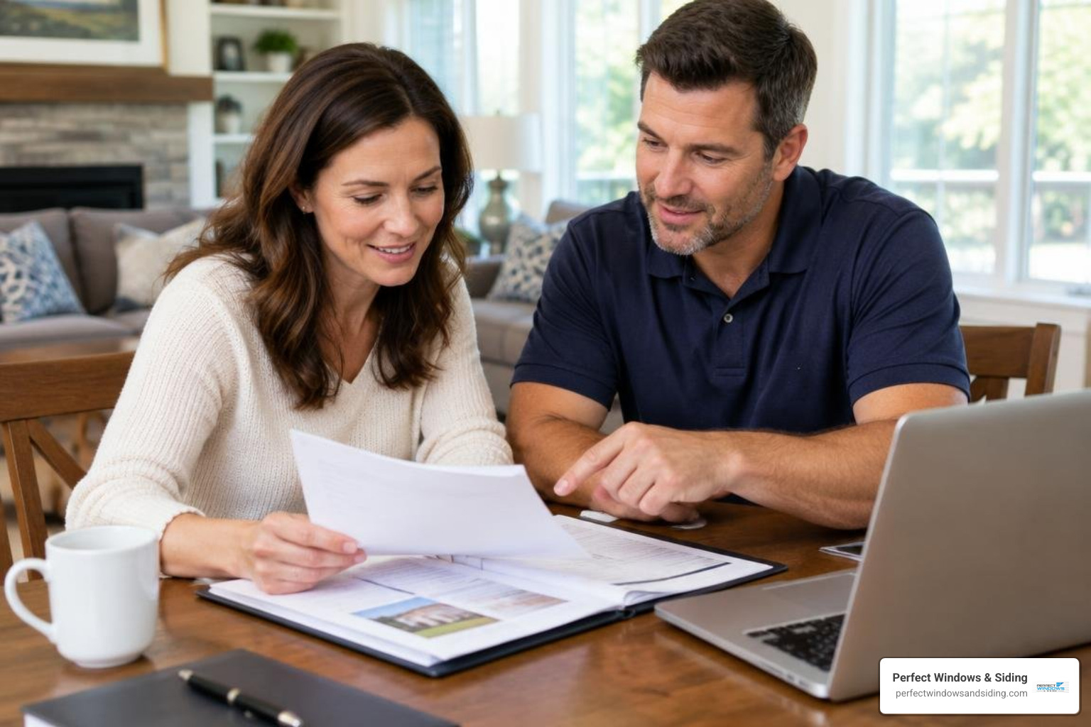 homeowner reviewing project specifications and warranty details with a contractor homeowner reviewing project specifications and warranty details with a contractor