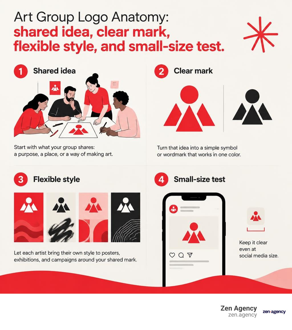 Art group logo anatomy: shared idea, clear mark, flexible style, and small-size test infographic Art group logo anatomy: shared idea, clear mark, flexible style, and small-size test infographic