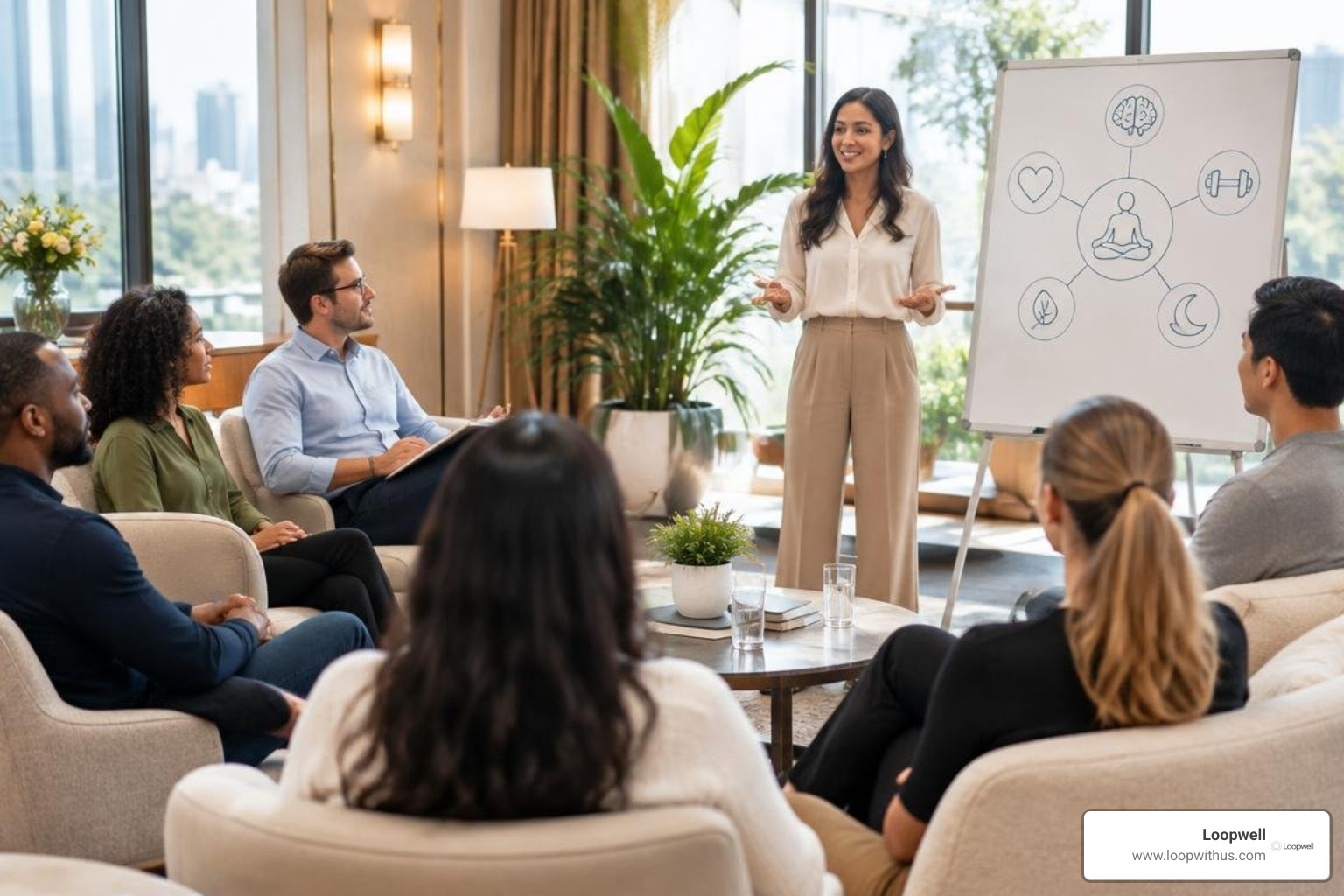 Diverse professionals at a workplace wellness workshop in a luxurious event space