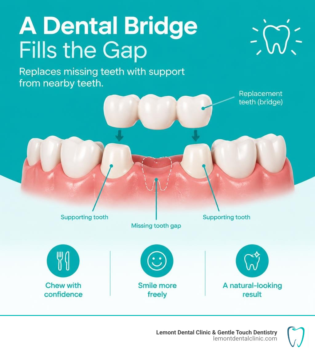 dental bridge filling a missing tooth gap with support from nearby teeth infographic