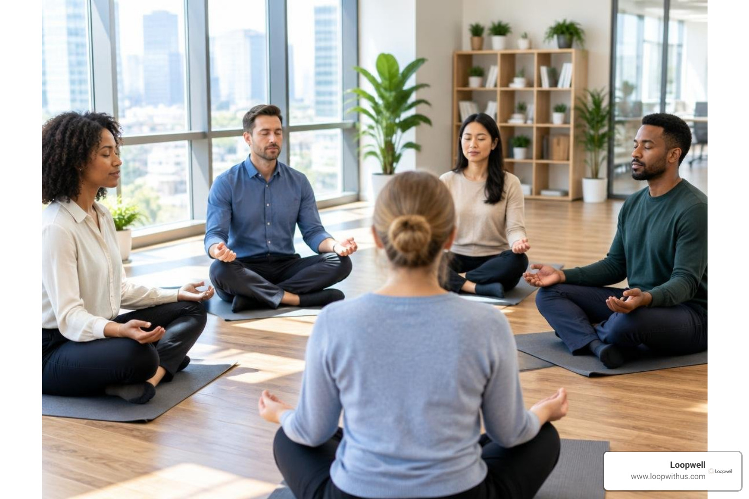 Diverse corporate team participating in a hands-on mindfulness and team-building session
