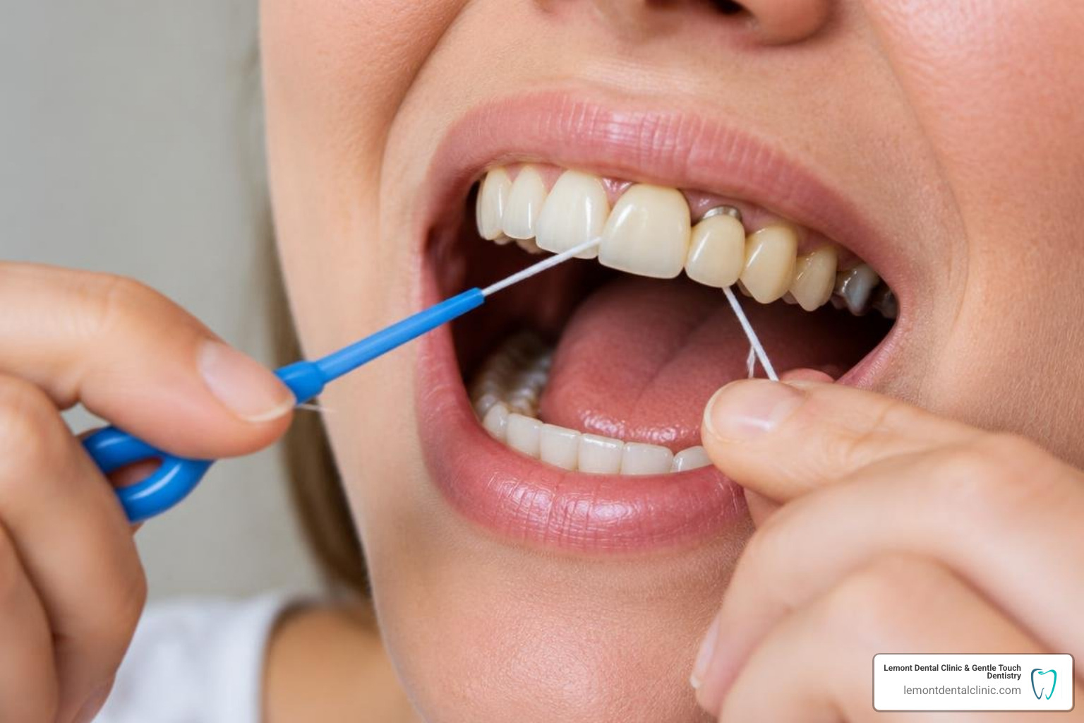 person using specialized floss threader under a dental bridge