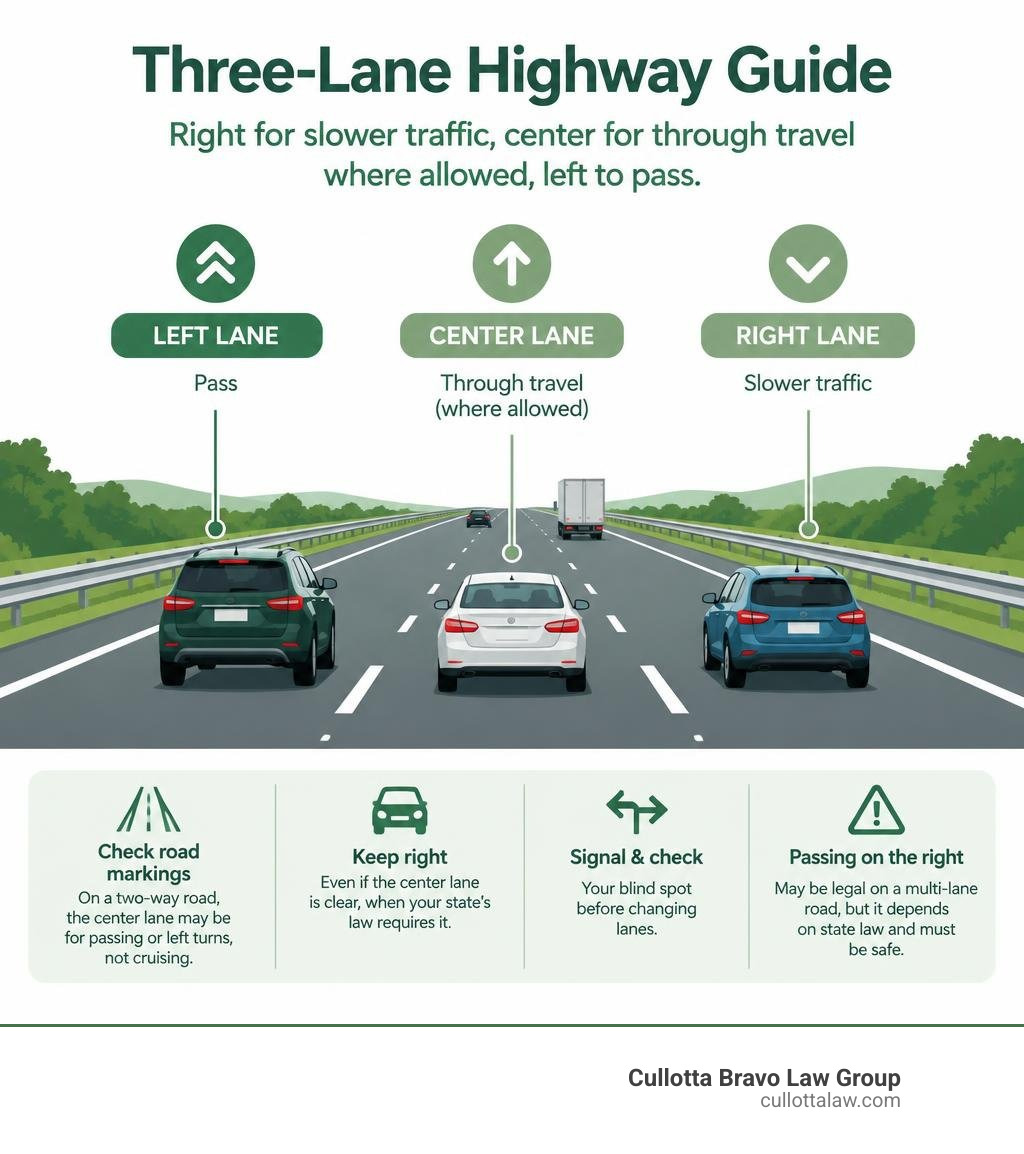 Three-lane highway guide: right for slower traffic, center for through travel where allowed, left to pass infographic