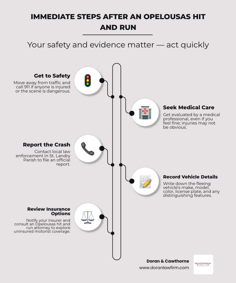 Infographic showing hit-and-run steps: get safe, seek care, report the crash, record details, and review coverage infographic Infographic showing hit-and-run steps: get safe, seek care, report the crash, record details, and review coverage infographic