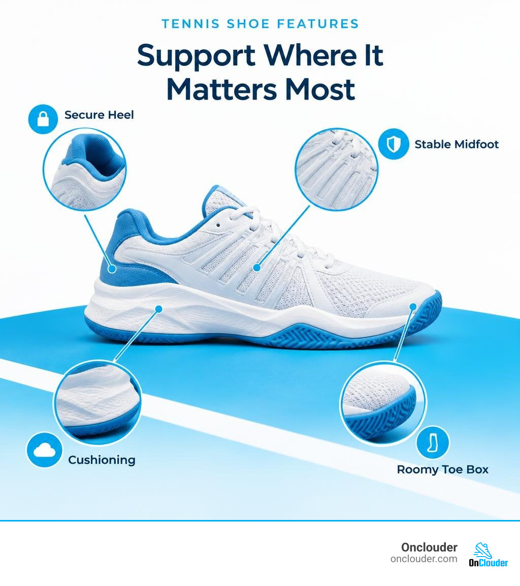 tennis shoe features: secure heel, stable midfoot, cushioning, and roomy toe box infographic
