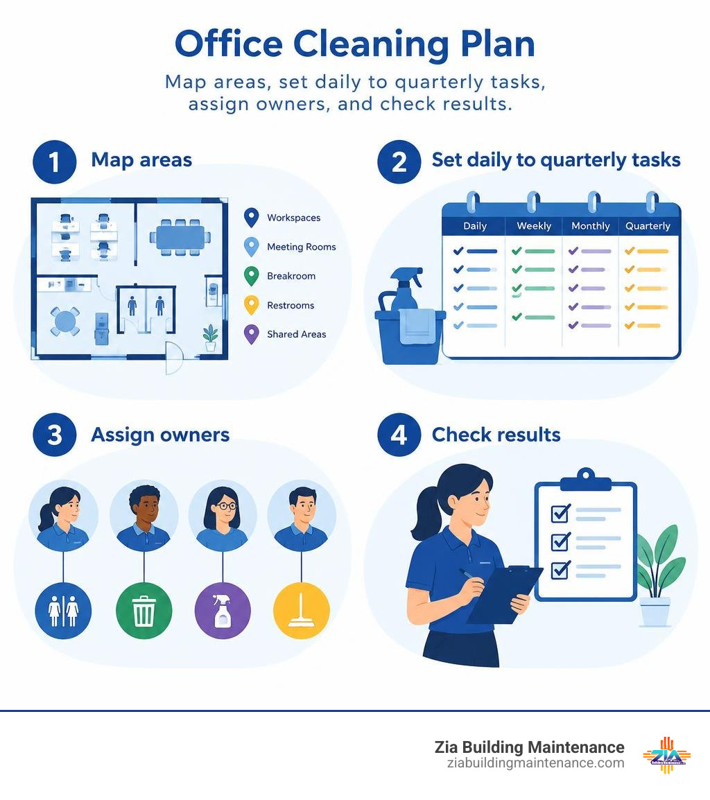 Office cleaning plan: map areas, set daily to quarterly tasks, assign owners, and check results infographic Office cleaning plan: map areas, set daily to quarterly tasks, assign owners, and check results infographic