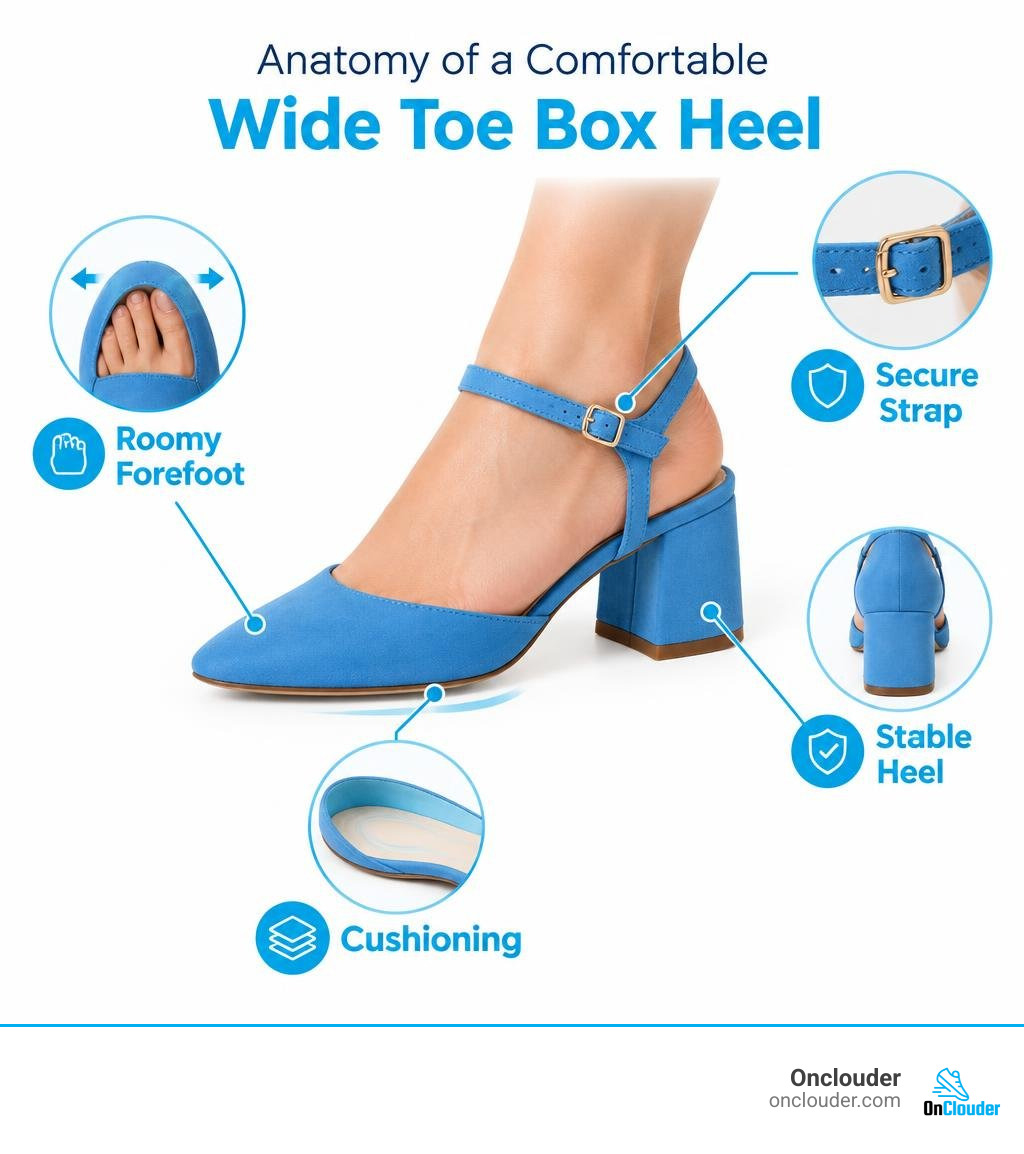 Anatomy of a comfortable wide toe box heel: roomy forefoot, cushioning, stable heel and secure strap infographic Anatomy of a comfortable wide toe box heel: roomy forefoot, cushioning, stable heel and secure strap infographic