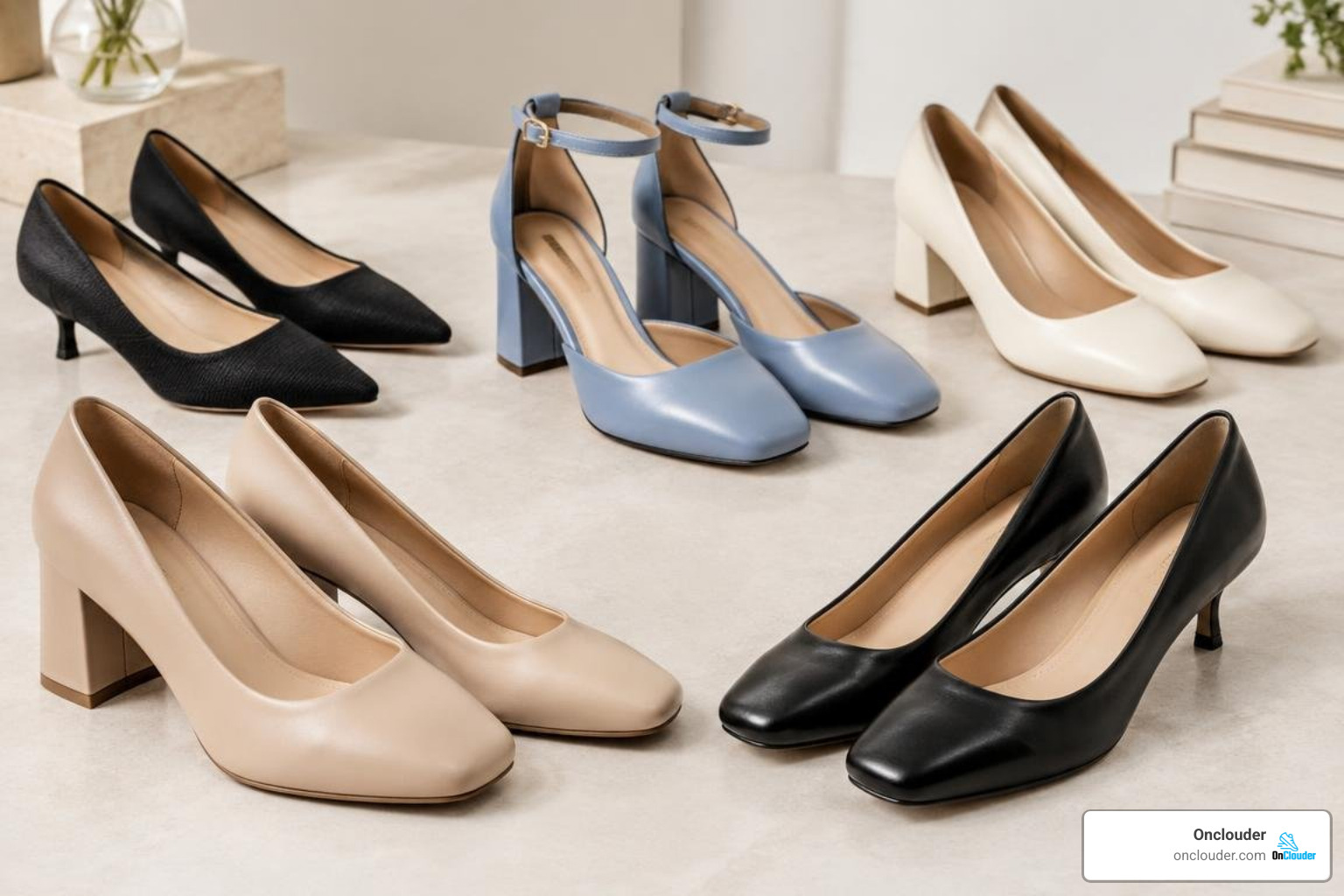 Diverse collection of wide-fit block heels, kitten heels, and dress pumps Diverse collection of wide-fit block heels, kitten heels, and dress pumps