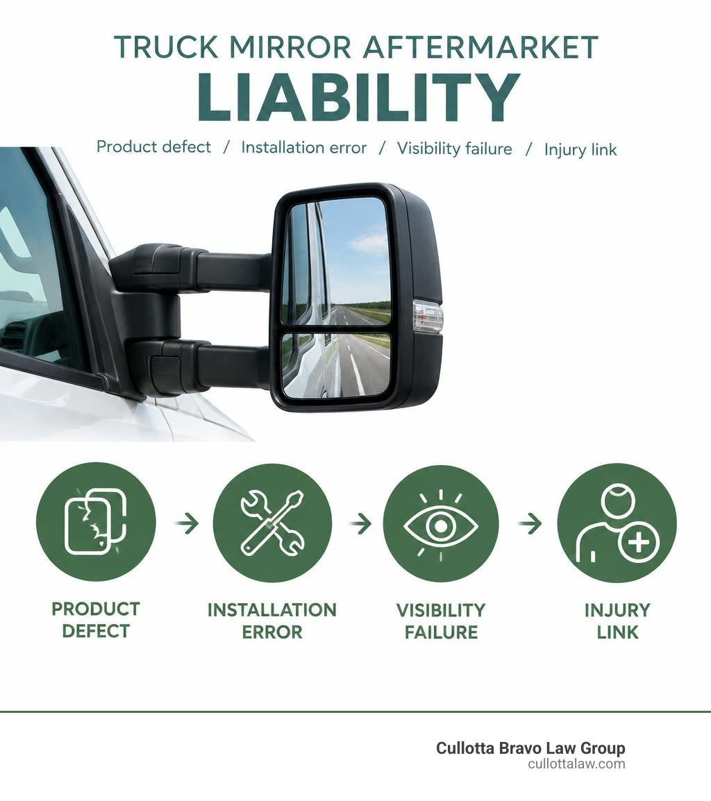 Aftermarket truck mirror liability: product defect, installation error, visibility failure, and injury link infographic