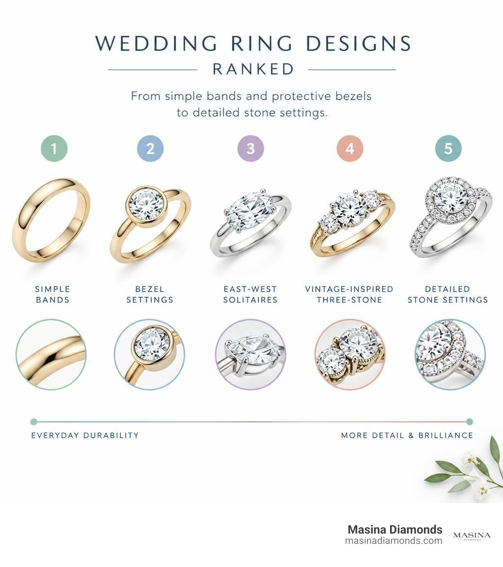Wedding ring designs ranked from simple bands and protective bezels to detailed stone settings infographic