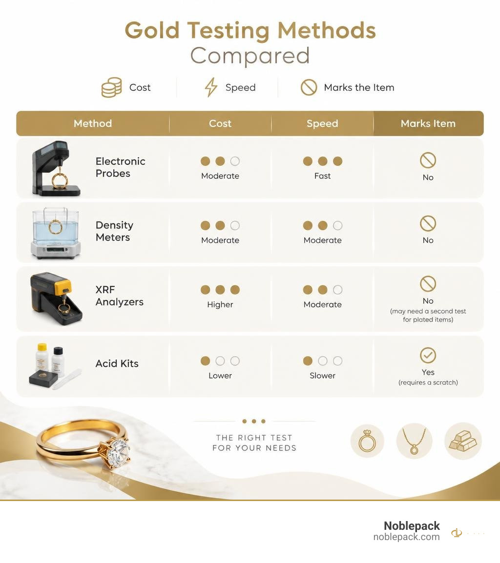 Gold testing methods compared by cost, speed, and whether they mark the item infographic