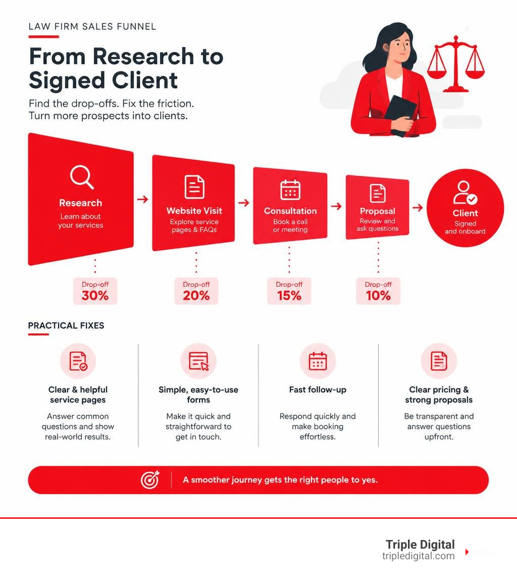 Modern law firm funnel showing stage drop-offs and practical fixes that help prospects become clients infographic Modern law firm funnel showing stage drop-offs and practical fixes that help prospects become clients infographic