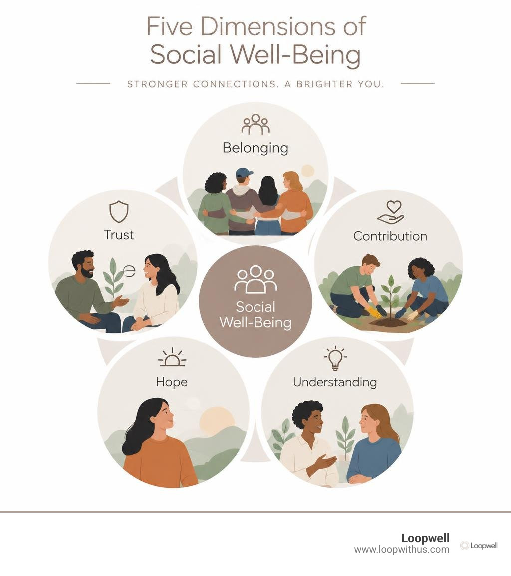 Five dimensions of social well-being with matching activities: belonging, trust, contribution, hope, understanding Five dimensions of social well-being with matching activities: belonging, trust, contribution, hope, understanding