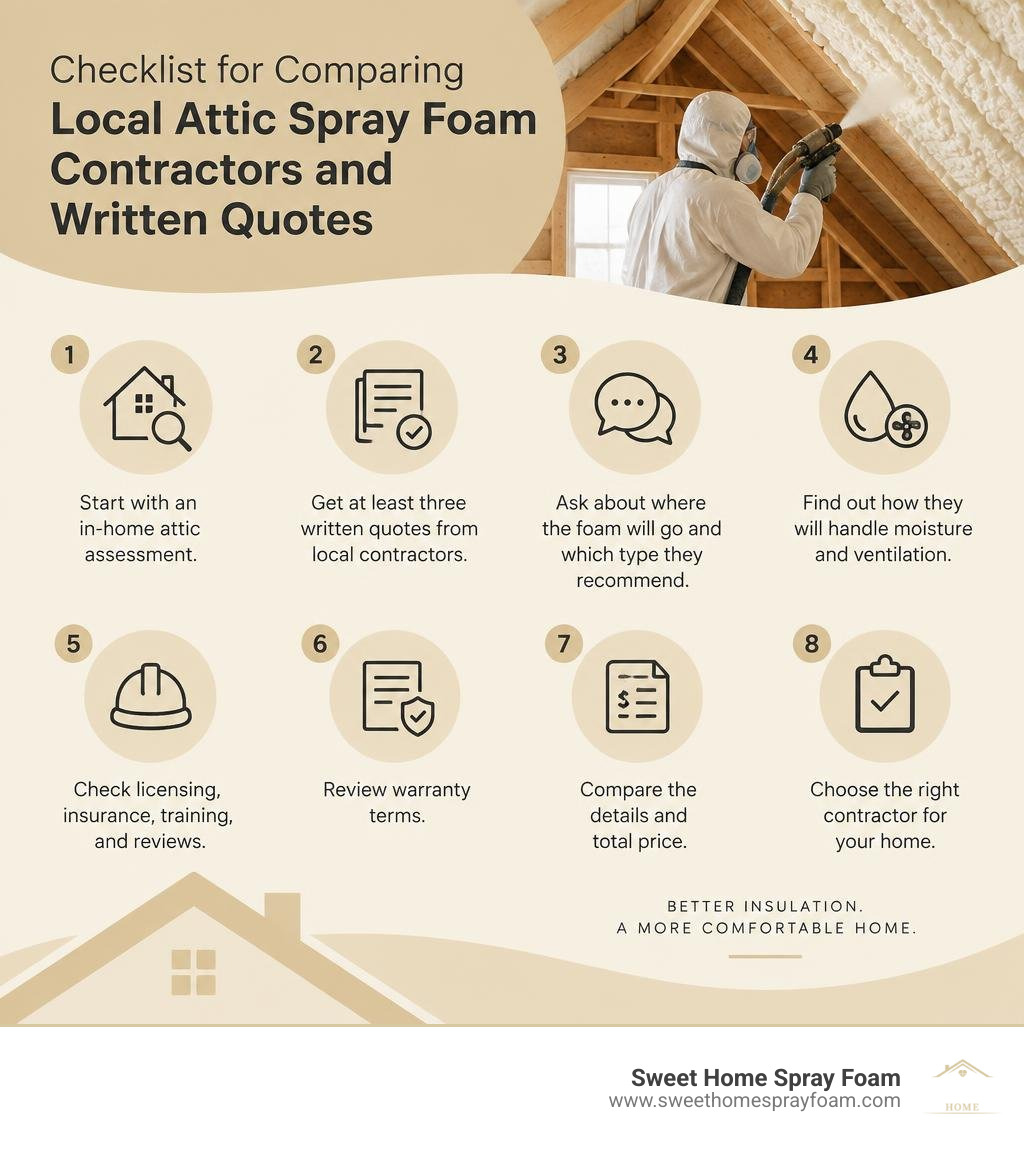 Checklist for comparing local attic spray foam contractors and written quotes infographic