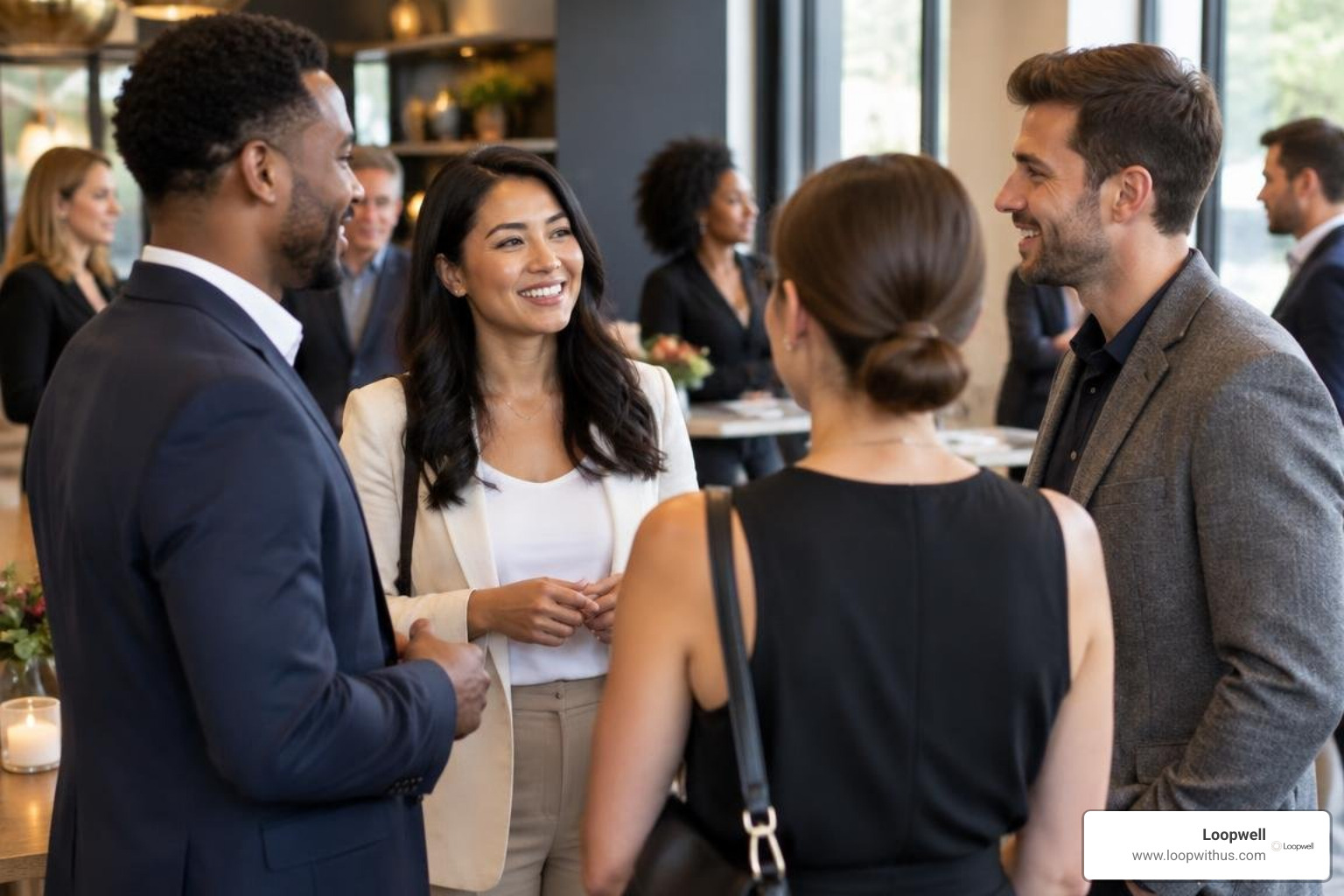 Diverse group in a modern event space experiencing authentic connection Diverse group in a modern event space experiencing authentic connection