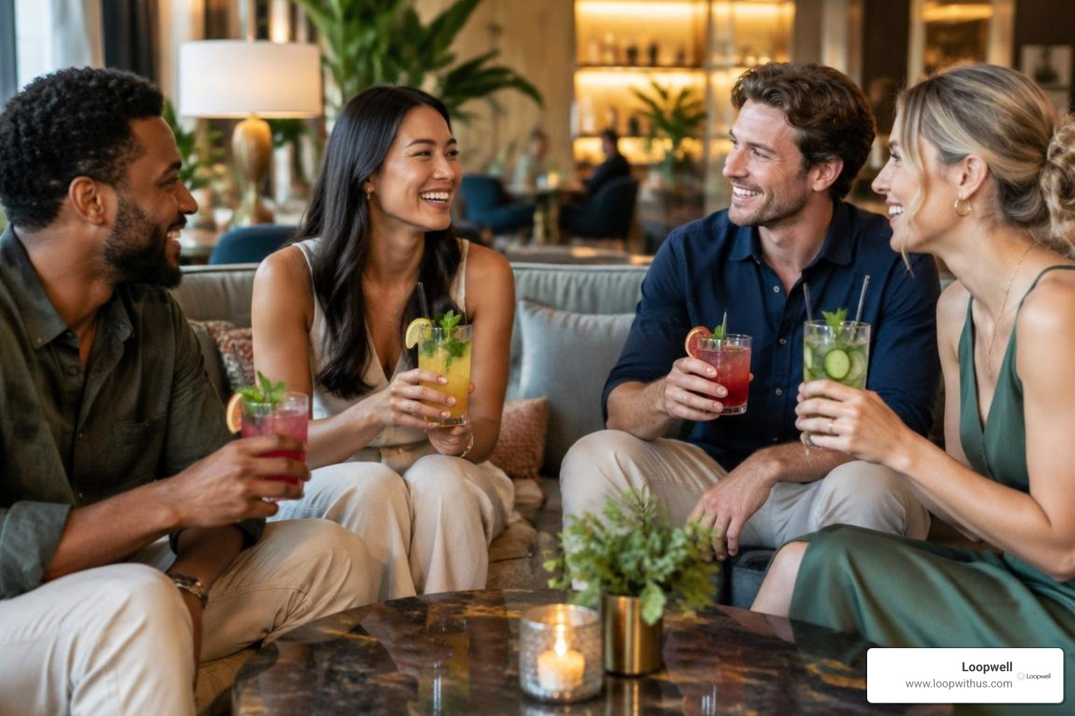 Friends enjoying crafted botanical drinks in a modern lounge Friends enjoying crafted botanical drinks in a modern lounge