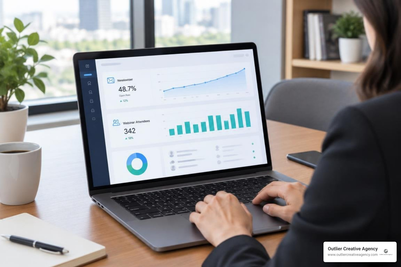 Law firm marketing dashboard showing newsletter and webinar analytics