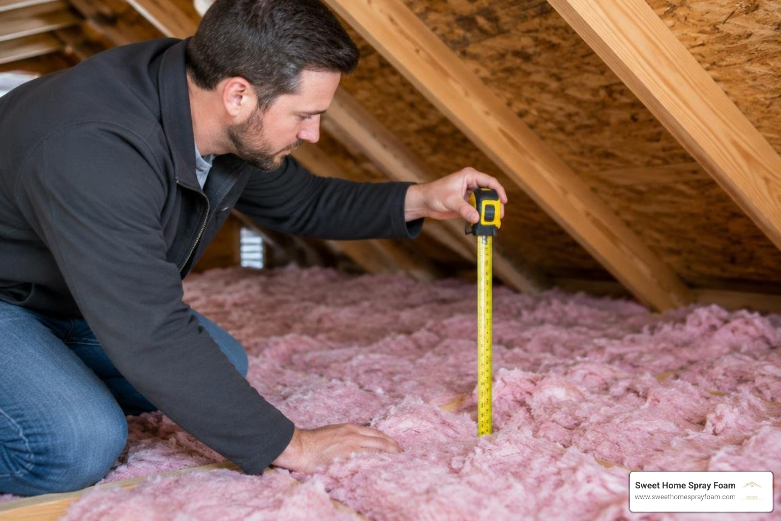 Technician measuring insufficient attic insulation depth