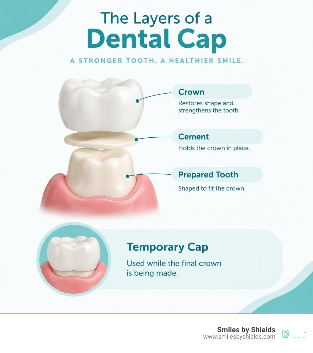 Dental cap layers: crown, cement, and prepared tooth, with a temporary cap used while the final crown is made infographic Dental cap layers: crown, cement, and prepared tooth, with a temporary cap used while the final crown is made infographic