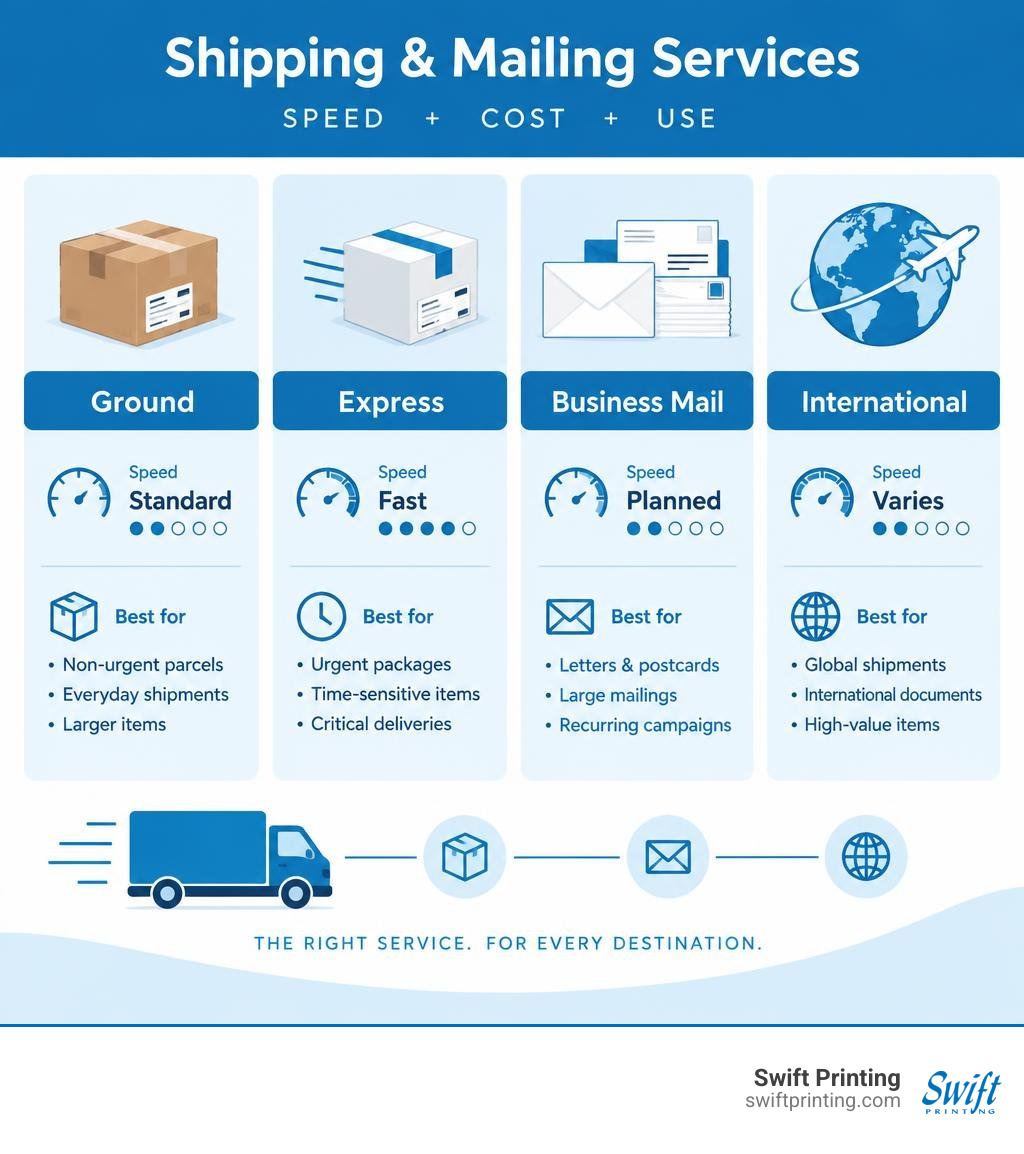 Comparison of ground, express, business mail, and international shipping by speed and use infographic