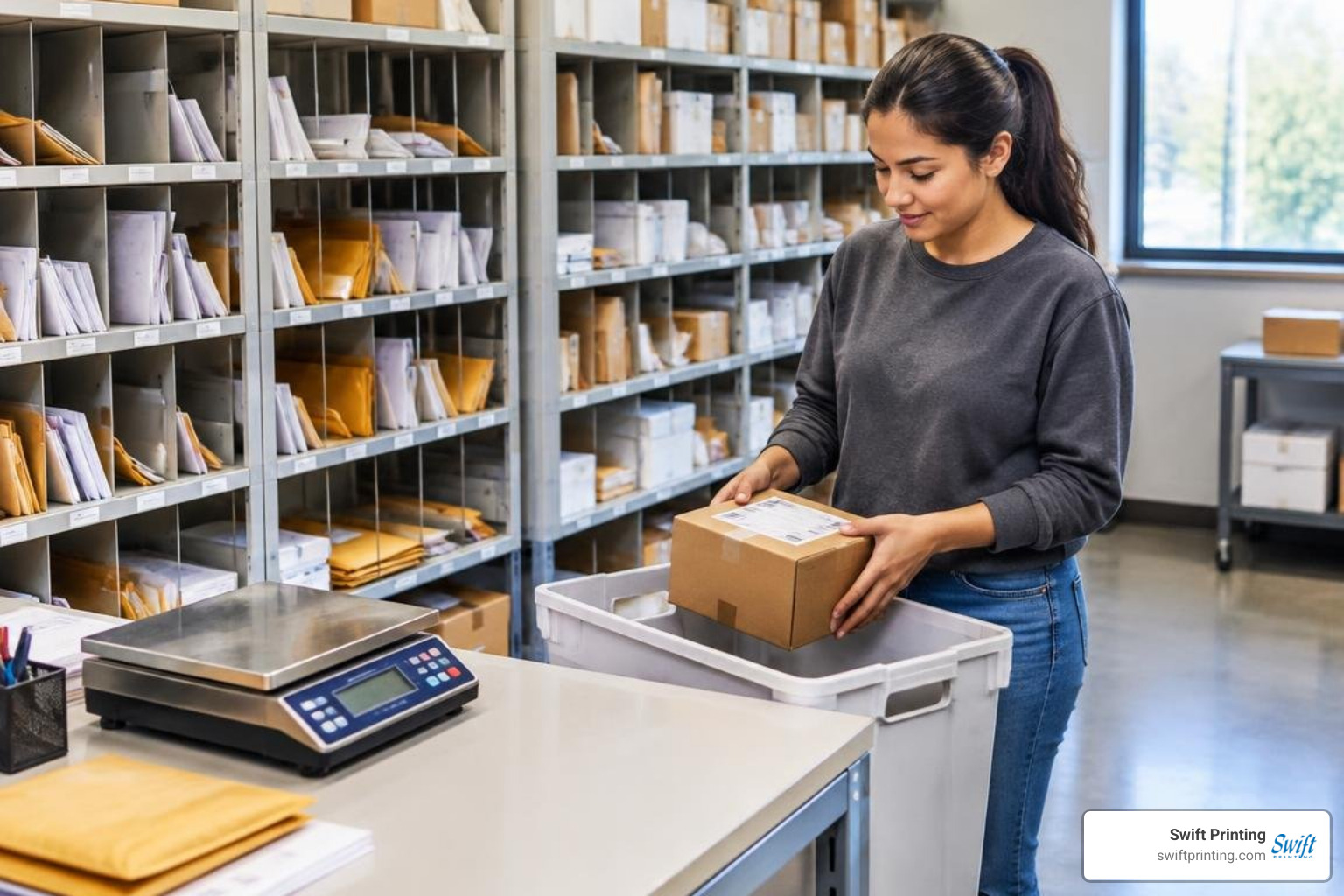 organized business mailroom with sorted letters and packages