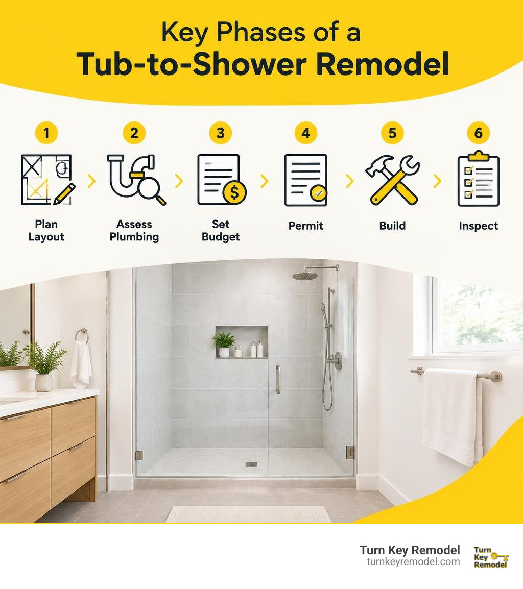 Key phases of a tub-to-shower remodel: plan layout, assess plumbing, set budget, permit, build, inspect infographic Key phases of a tub-to-shower remodel: plan layout, assess plumbing, set budget, permit, build, inspect infographic