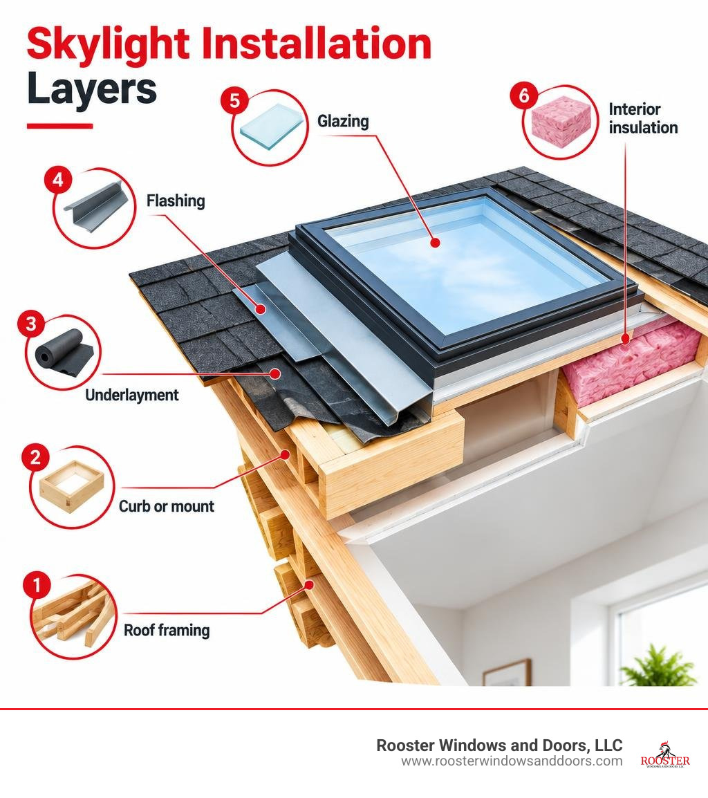Skylight installation layers: roof framing, curb or mount, underlayment, flashing, glazing, and interior insulation Skylight installation layers: roof framing, curb or mount, underlayment, flashing, glazing, and interior insulation