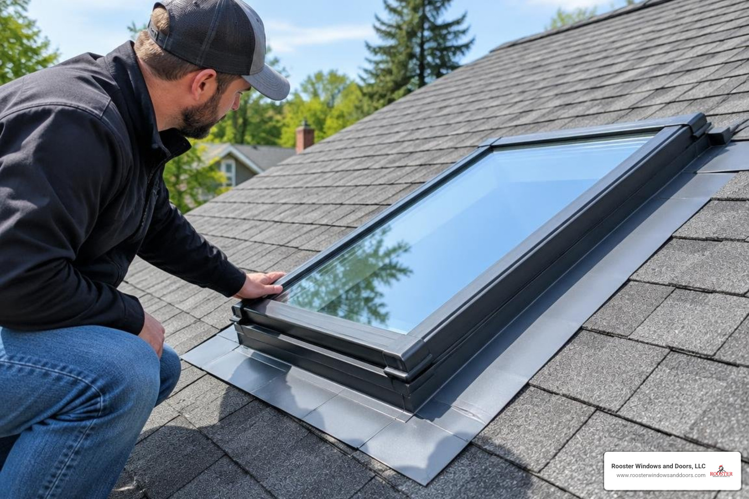 inspecting clean skylight glazing and step flashing on a pitched roof inspecting clean skylight glazing and step flashing on a pitched roof