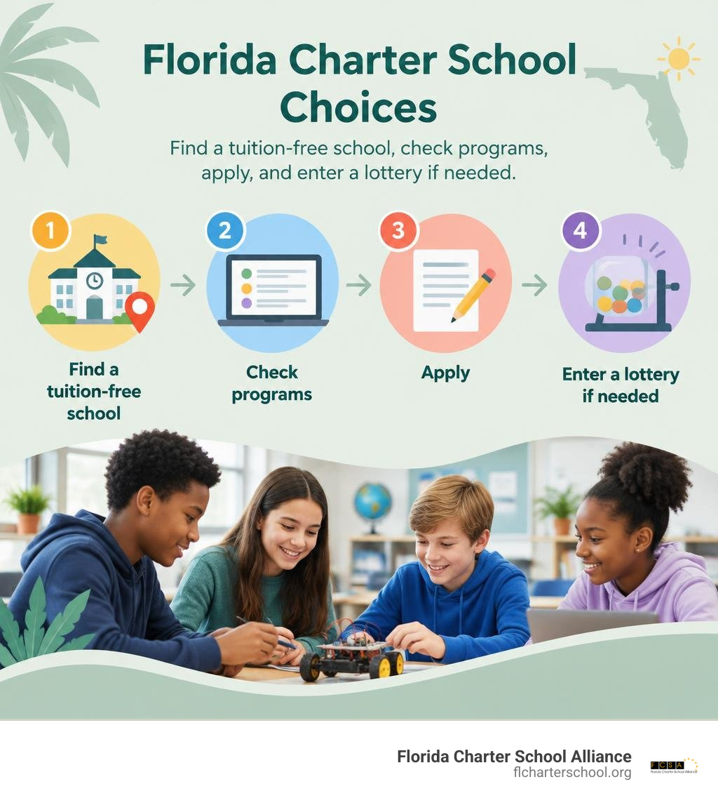 Florida charter school choices: find a tuition-free school, check programs, apply, and enter a lottery if needed infographic