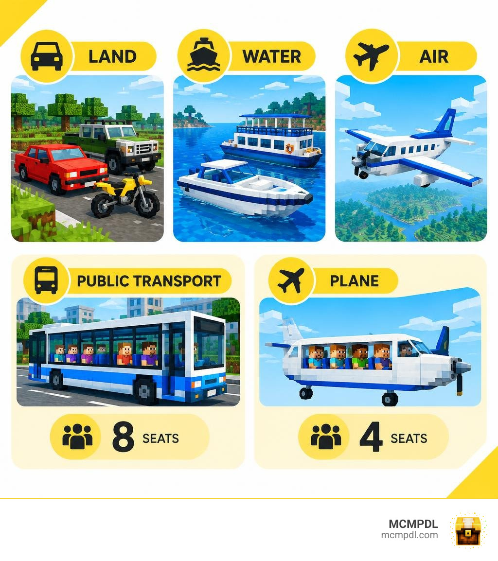 Vehicle categories: land, water, and air; public transport seats eight and planes seat four infographic Vehicle categories: land, water, and air; public transport seats eight and planes seat four infographic