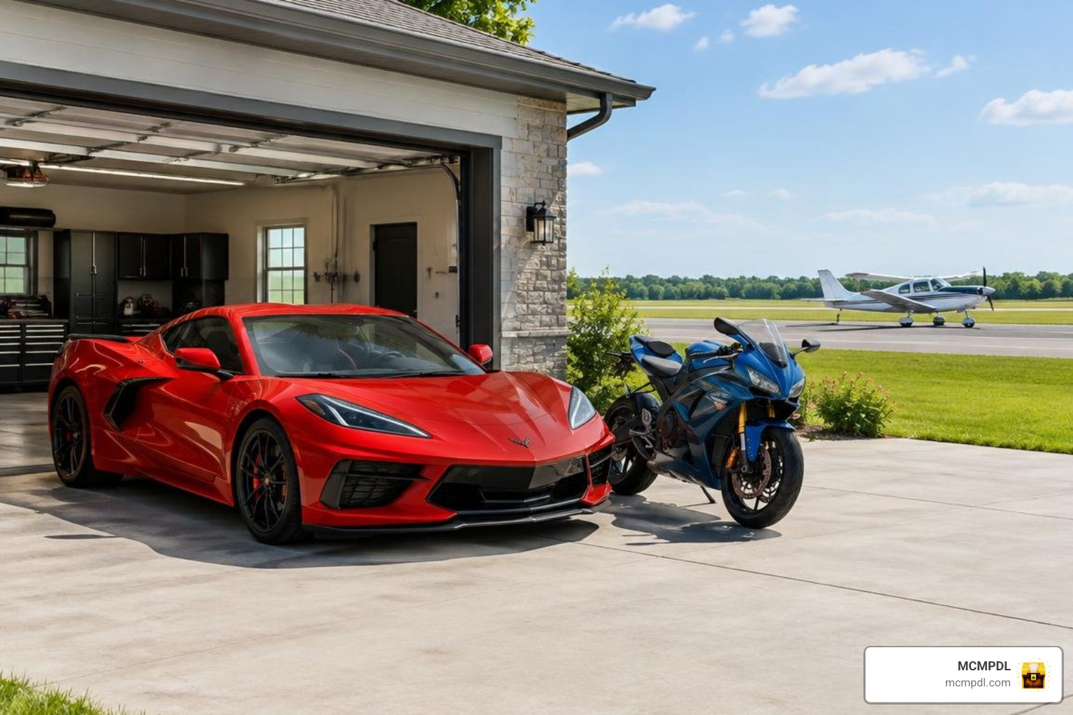 Land and air vehicles stationed outside a garage Land and air vehicles stationed outside a garage