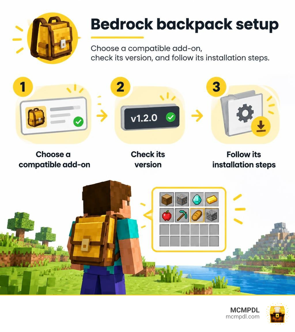 Bedrock backpack setup: choose a compatible add-on, check its version, and follow its installation steps infographic Bedrock backpack setup: choose a compatible add-on, check its version, and follow its installation steps infographic